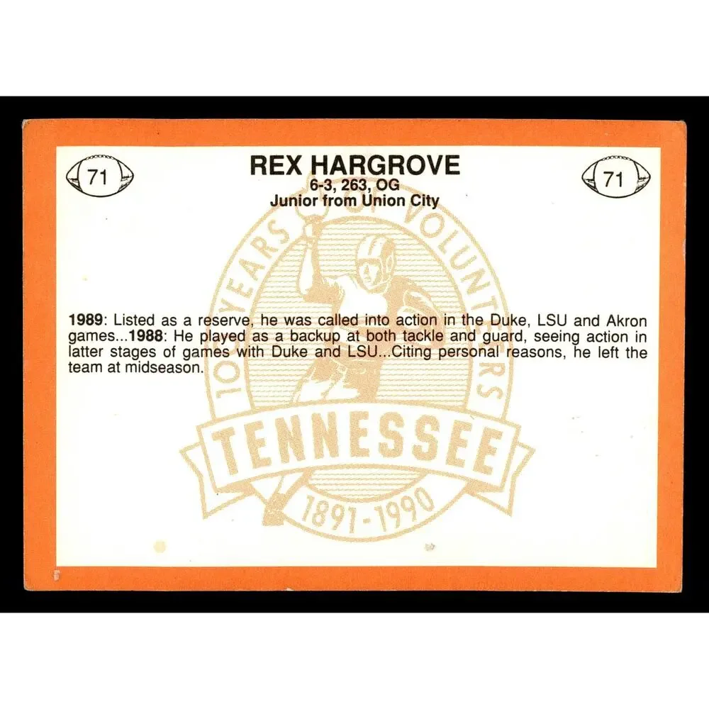 Vintage 1990 Tennessee Volunteers Centennial Rex Hargrove Football Card